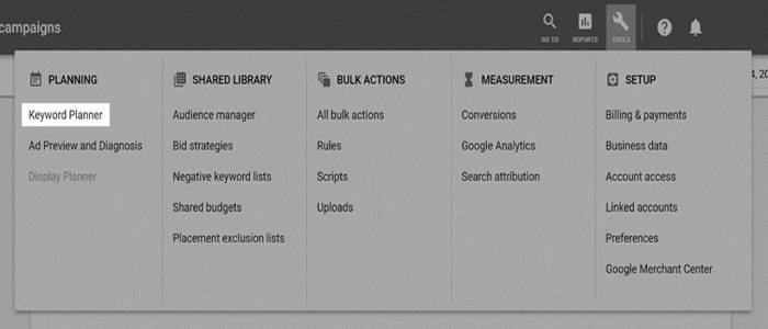 Go to “Tools and Analysis” in Google Keyword Planner