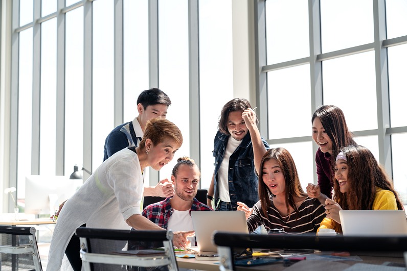 A group of business employees marvelling over the success of their b2b inbound marketing Growth Plan